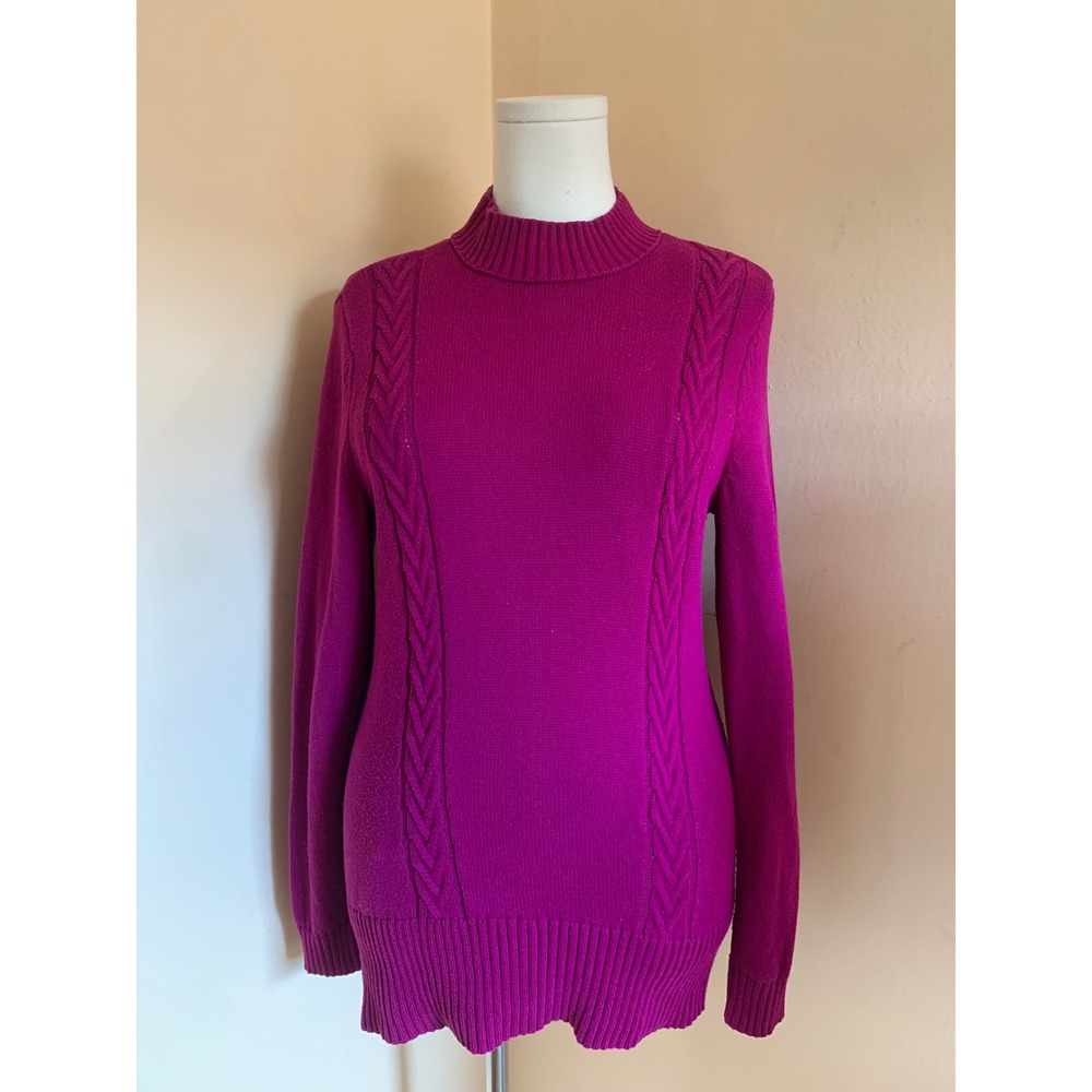 Karen Scott Womens Mock Neck Cable Knit Cotton Sweater Magenta Pink Small